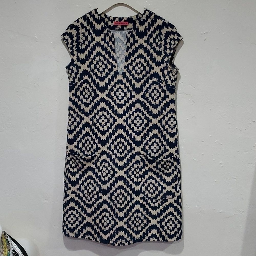 Maternal America Maternity Dress on Blue & Cream wirh Front Pockets Size S